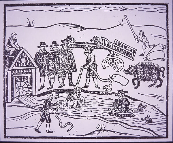 Testing witches by throwing them in a river (woodcut)
