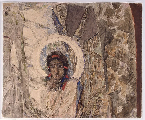 Tete d ange (Angels head) - Oeuvre de Mikhail Alexandrovich Vrubel (Vroubel) (1856-1910), aquarelle sur papier, 1887 - Art russe 19e siecle, symbolisme - State Tretyakov Gallery, Moscou