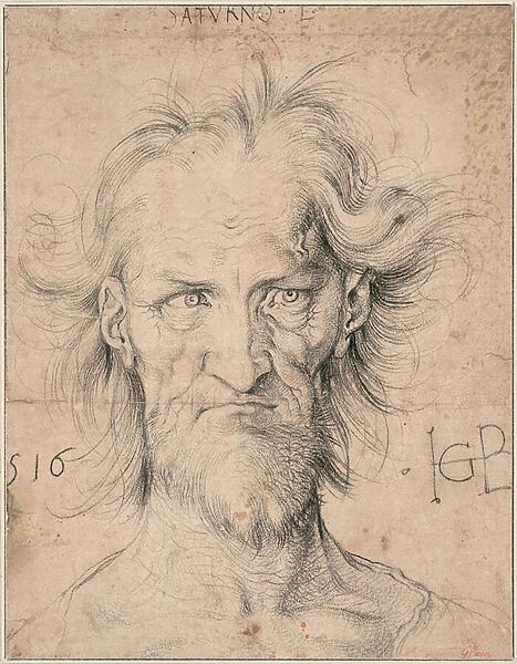 Tete d un vieil homme barbu, Saturne (Head of a Bearded Old Man 'Saturn') - Dessin de Hans Baldung (1484-1545), craie noire sur papier, 1516 (33, 2x25, 5 cm) - Albertina, Vienna (Autriche)