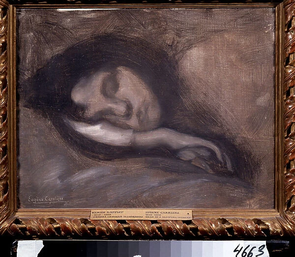 Tete de femme endormie. Peinture de Eugene Carriere (1849-1906). Dim : 36x47cm. Huile sur toile. Symbolisme. Musee Pouchkine, Moscou