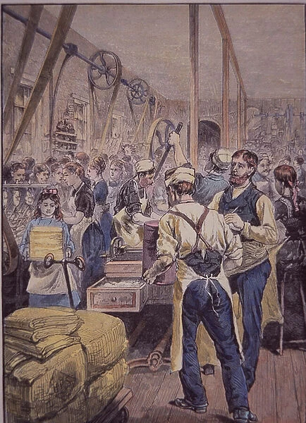 US textile industry, textile factory in the North, c. 1870 (coloured engraving)