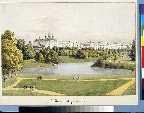 'The Catherine Palace in Tsarskoye Selo'by Andrei Yefimovich Martynov (1768-1826), Lithograph, watercolour, 1821-1822, State Museum of A. S. Pushkin, Moscow