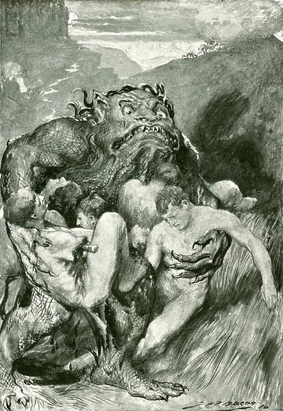 'The demon of evil, with his fierce ravening, greedily grasped them'(litho)