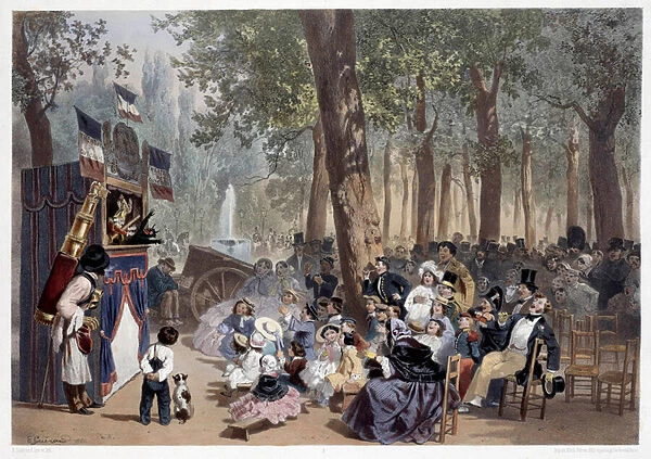 The show of the guignols on the Champs Elysees in Paris in the 19th century