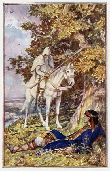 'The man on the White Horse comes to heal St Cuthbert'(colour litho)