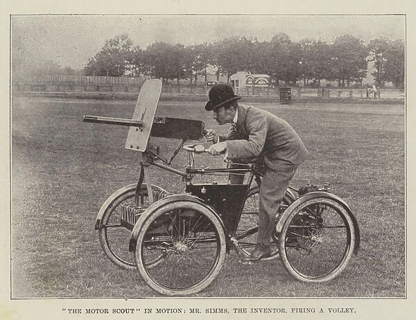 'The Motor Scout'in Motion, Mr Simms, the Inventor, firing a Volley (engraving)