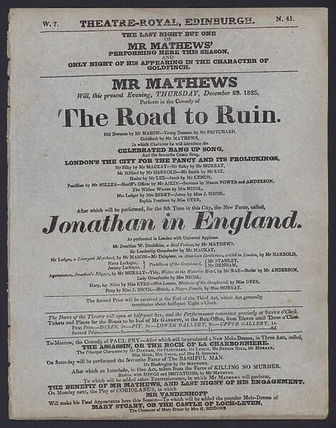 Theatre programme for the Theatre Royal, Edinburgh, 29 December 1825 (litho)