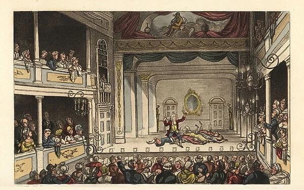 The Theatre: Tourists enjoying a play at Scarborough Theatre. Handcoloured copperplate engraving by Thomas Rowlandson after a sketch by J. Green from Poetical Sketches of Scarborough, Ackermann, London, 1813