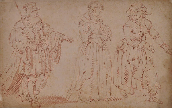 Three theatrical figures: King Lear, Cordelia, and Maid, 17th century (Chalk)