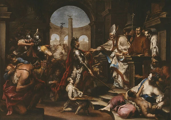 Theodosius Repulsed from the Church by Saint Ambrose, 1700-10 (oil on canvas)