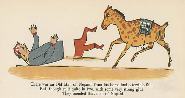 'There was an Old Man of Nepaul, from his horse had a terrible fall', from A Book of Nonsense, published by Frederick Warne and Co. London, c. 1875 (colour litho)