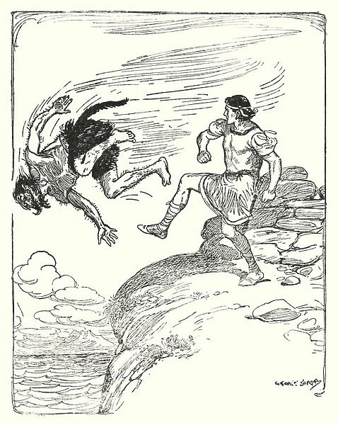 Theseus: 'He kicked him over the cliff into the sea'(litho)