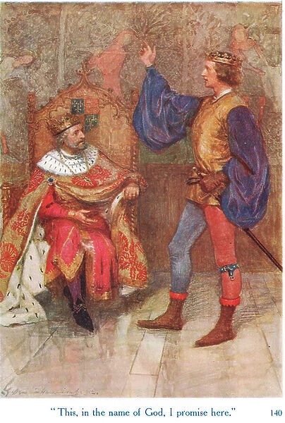 This, in the name of God, I promise here, illustration from Shakespeare's stories of the English Kings, published by George Harrap & Son, 1912 (colour litho)