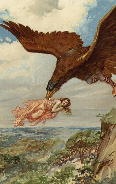 Thjassi, the giant, in his eagle plumage flew down and caught up Iduna (chromolitho)