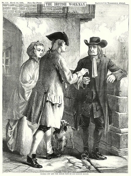 Thomas Guy and the Bridal Pair on Old London Bridge (engraving)