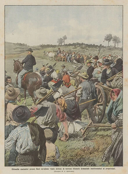 Eight thousand farmers near Bari invade vast expanses of land considered state-owned, replacing the owners (colour litho)