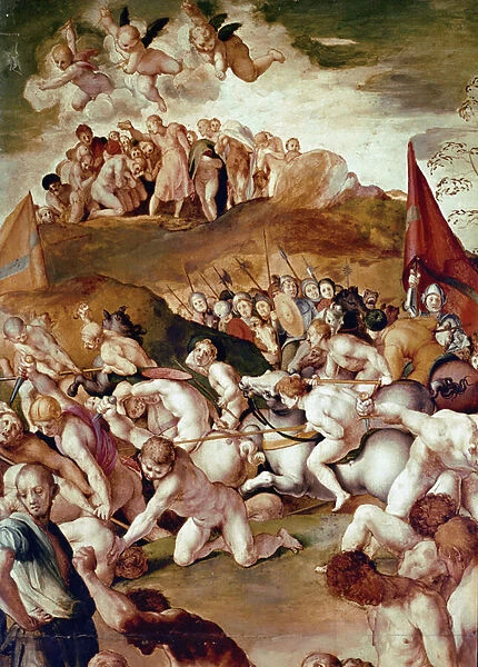 The eleven thousand martyrs, detail of Martyrdom of st Maurice and the legendary Roman Theban Legion (tempera on wood, 1529-1530)