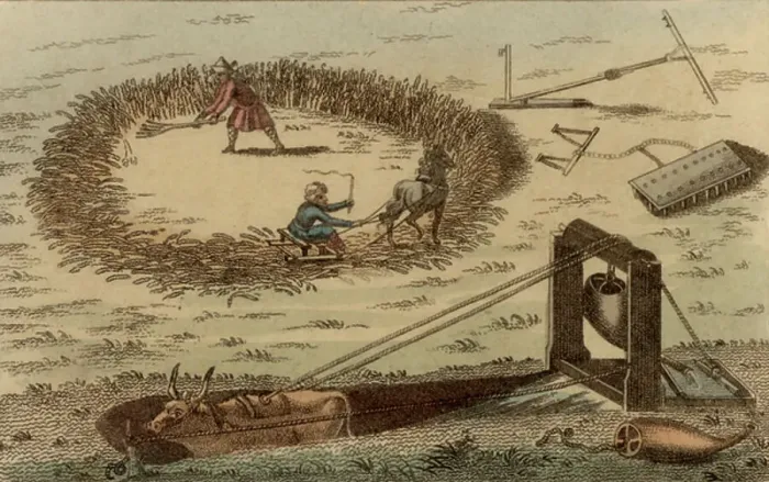 Framed Print : Threshing corn using a horse pulling a sledge