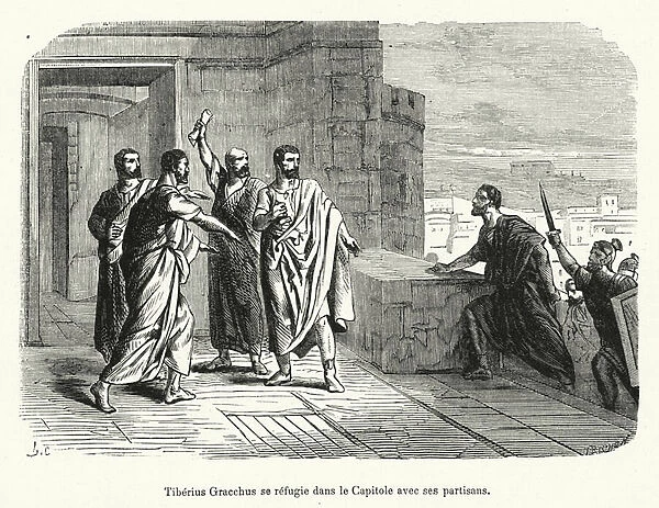 Tiberius Gracchus se refugie dans le Capitole avec ses partisans (engraving)