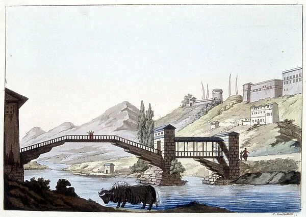 Tibet: castle and bridge of Vandipore - in 'Le costume ancien et moderne'by Ferrario, ed. Milan, 1819-20