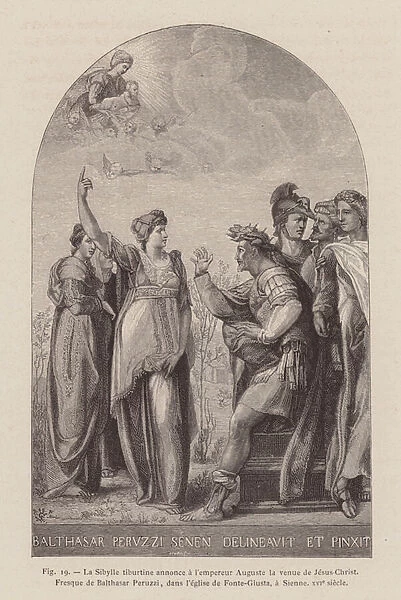 The Tiburtine Sibyl announcing the coming of Jesus Christ to the Roman Emperor Augustus (engraving)