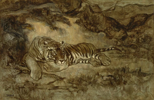 Tiger at Rest, c. 1850-70 (oil on paper mounted on canvas)