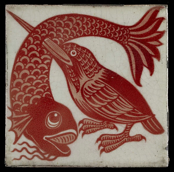 Tile with Kingfisher with Beak through Fish, 1882-88 (red and white lustreware)