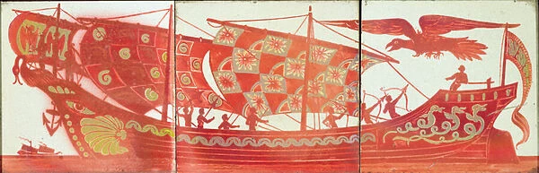 Three tiles depicting a ship (ceramic)