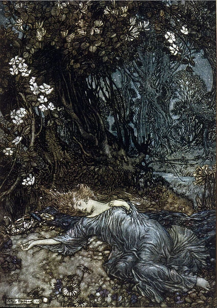 Titania the Queen of Fees is sleeping. Illustration by Arthur RACKHAM (1867-1939