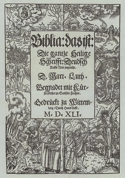 Title page of a 1541 edition of Martin Luthers Bible (colour litho)