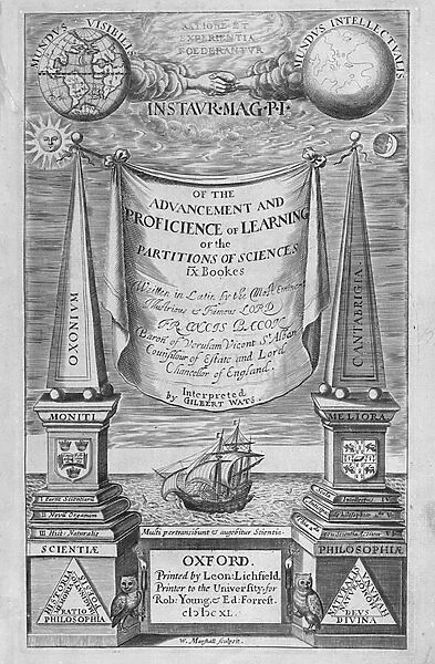 Title-page to Of the advancement and proficience of learning by Francis Bacon