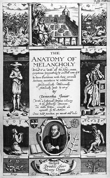 Title-page to The Anatomy of Melancholy by Robert Burton, 1628 (engraving)