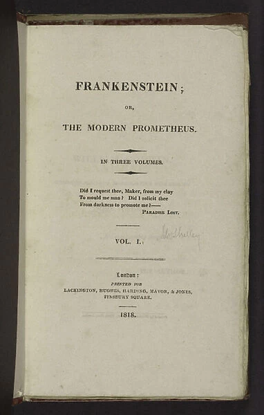 Title Page of the First Edition of Frankenstein, 1818 (litho)