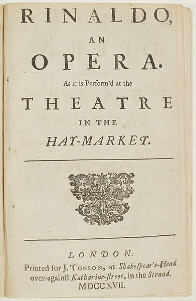 Title page from the libretto of Handels opera Rinaldo, by Giacomo Rossi