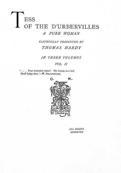 Title page to Tess of the D Urbervilles by Thomas Hardy, edition published in 1892