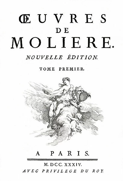 Title page of the works of Moliere, first volume of the edition of 1734 (engraving)