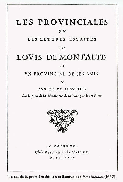 Titlepage of Les Provinciales by Blaise Pascal (1623-62), Amsterdam
