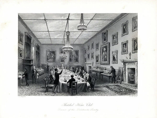 A toast during the Dilettanti Society dinner, Thatched House Tavern, St. James Street. Members included Sir William Gell, Sir William Hamilton, Sir Henry Englefield, etc. Steel engraving by J.H