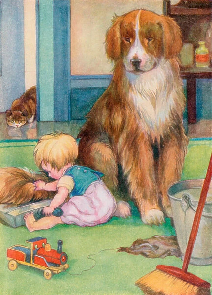 Toddler playing with a dogs tail (colour litho)