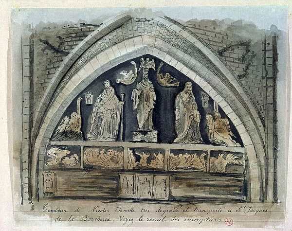 Tomb of Nicolas Flamel (c. 1330-1418) at the Cimetiere des Innocents (w  /  c on paper)