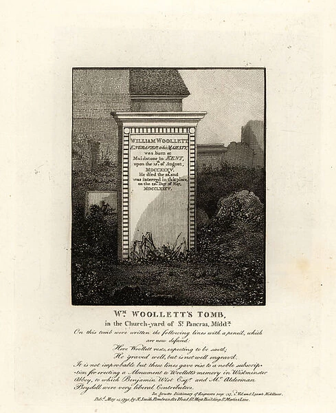 Tomb of royal engraver William Woollett, died 1735, in the churchyard of St Pancras, Middlesex