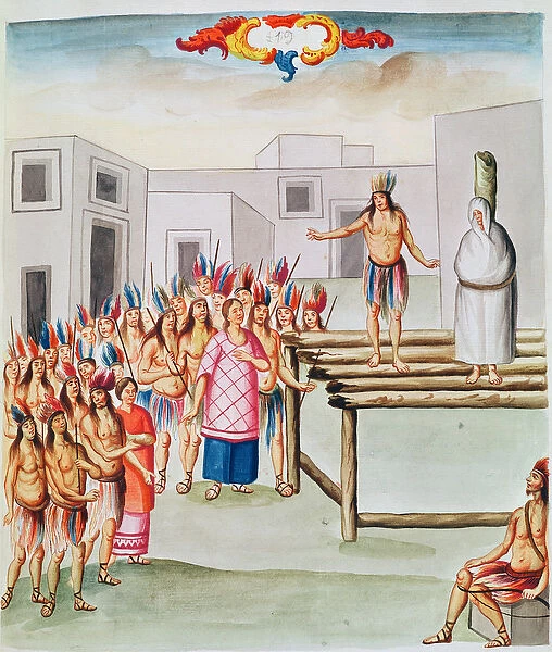 Tome 4 fol. 19, View of Plaza de Thalco with an Indian tied to a stake, from Teatro