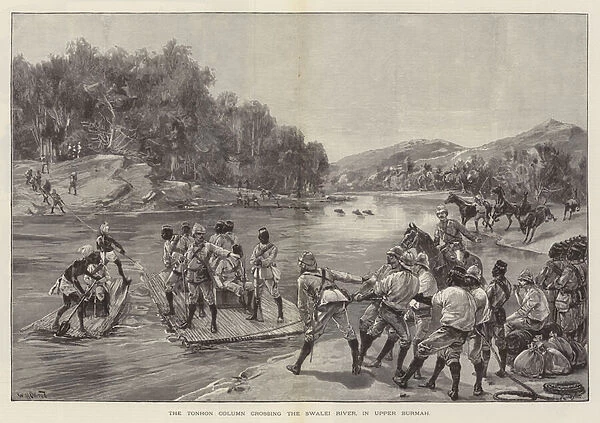 The Tonhon Column crossing the Swalei River, in Upper Burmah (engraving)