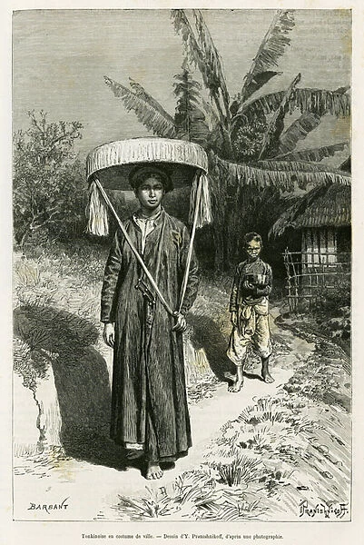 Tonkinise in town costume. Engraving by Y. Pranishnikoff, after a photograph, to illustrate the story Trente mois au Tonkin in 1884, by Doctor Hocquard, in le tour du monde 1889, directed by Edouard Charton (1807-1890), Hachette, Paris
