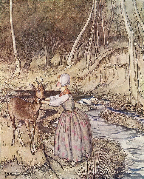 She took off her golden garter and put it round the Roe Buck's neck. Illustration by Arthur Rackham from Grimm's Fairy Tale, Little Brother and Little Sister, published late 19th century