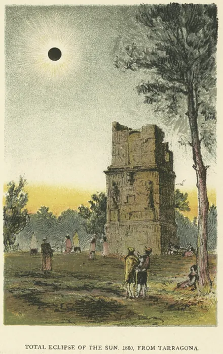 Framed Print : Total solar eclipse observed at Tarragona, Spain, 1860. From Sun, Moon and Stars, Agnes Giberne (London, 1884). Chromolithograph