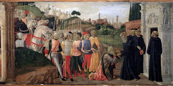 Totila, king of the Ostrogoths visiting Benedict of Nursia - Detail of Predelle, c. 1470