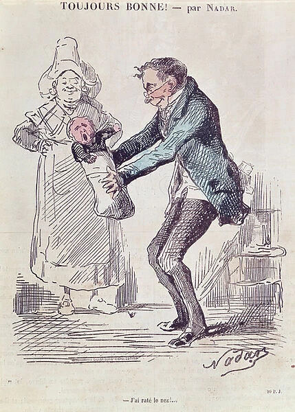 Toujours Bonne!, a maid handing a man his illegitimate child (coloured engraving)