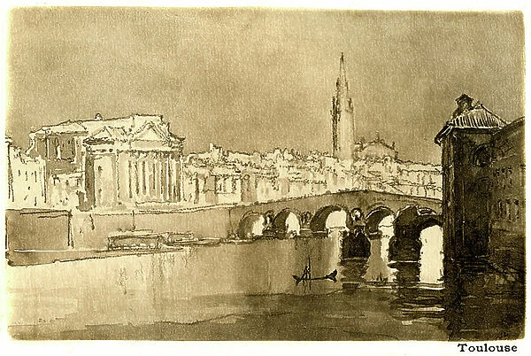 Toulouse, the Garonne. Engraving after a watercolour by Joseph Pennell (1857-1926) illustrating Henry James's book 'A little tour in France' edition Heinemann 1900 (French titles: 'Voyage en France' and 'Un petit tour en Languedoc')