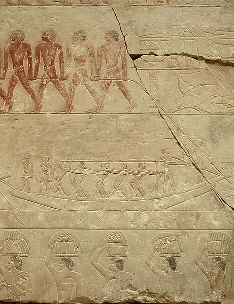 Towing a boat, from the Mastaba of Mereruka, Old Kingdom (painted limestone)